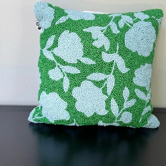 Kate Spade target beaded front toss pillow. Green and Blue Floral 12x12 - Picture 2 of 13